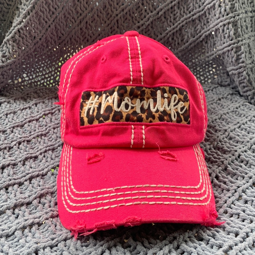 Pink With Leopard “#Momlife” Distressed Hat
